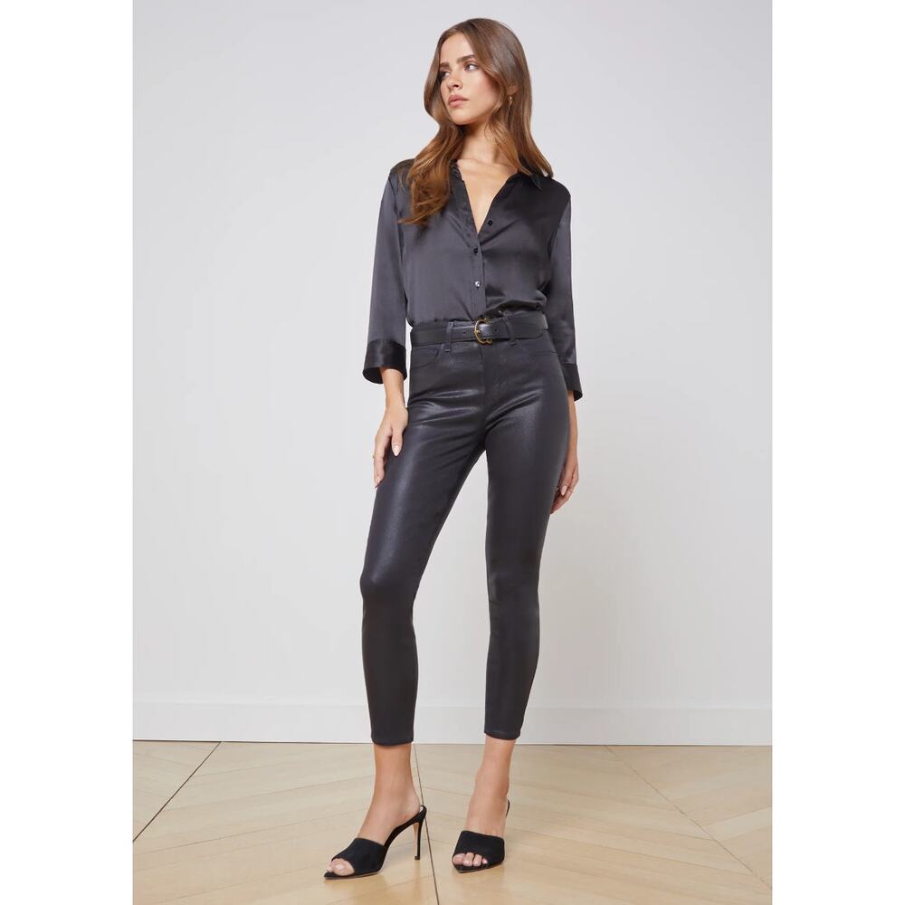 L'AGENCE Margot Black Coated High Rise Jeans, Size 24